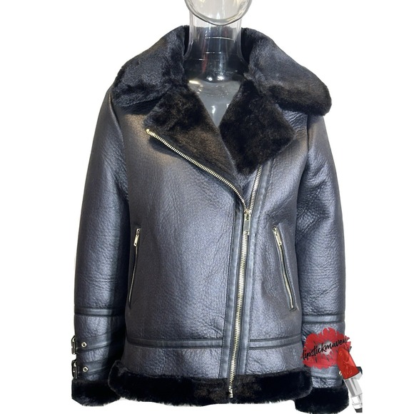 Miss Selfridges Moto Jacket Size 4 UK 8 Black Biker‎ Coat Faux Leather & Fur - Picture 1 of 16